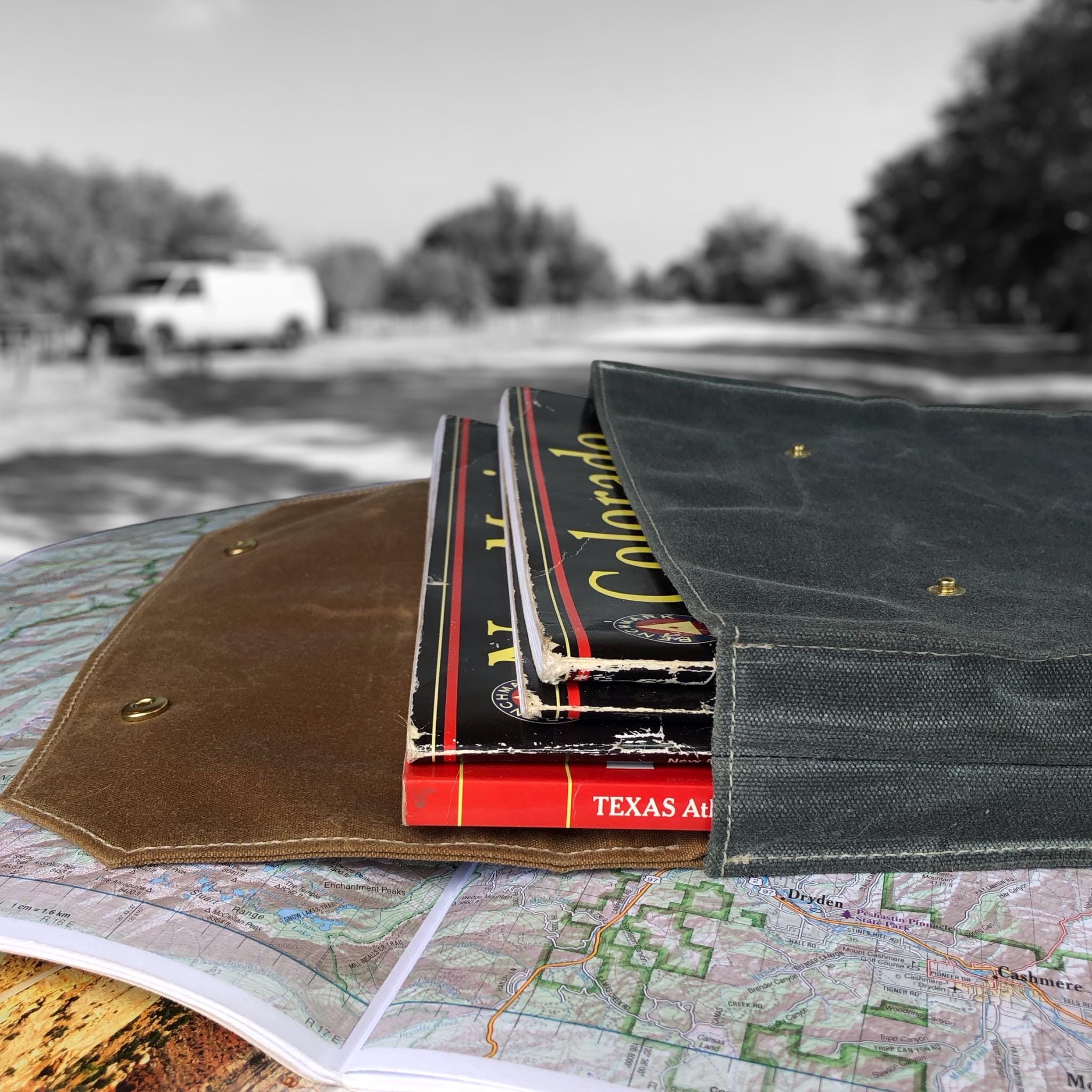 Waxed Canvas Map Bag. A Weather Resistant Case for Camper Van Adventures. Vanlife. Large Atlas & Maps Holder. Road Trip Travel. Made in USA.