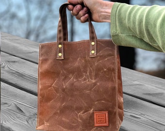 Small Tote Bag. A Rugged, Everyday Bag for Men and Women. Waxed Canvas is Eco Friendly, and Naturally Weather Resistant. Handcrafted in USA