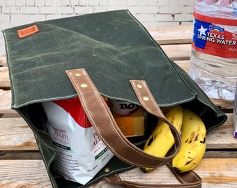 Reusable Shopping Bag. Waxed Canvas Market Tote with Long or Short Handles. Carry your Groceries Home. Weather Resistant, Eco Friendly Wax.