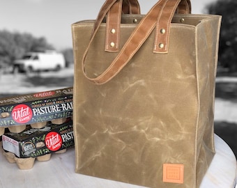 Waxed Canvas Market Tote with Long Handles. Grocery Size Shopping Bag. Many Color Options. Weather & Stain Resistant. Handcrafted in USA.