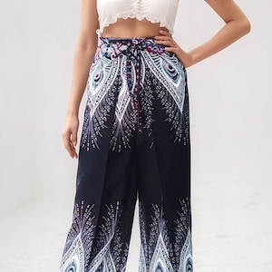 Women&#39;s Wrap Around Pants, Boho Pants - Peacock Feather Print, Flowy Pants, Open Leg Trousers, Boho Beach Pants, Belly Dance Pants