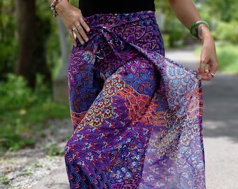 Pantalon bohème jambe large - Portefeuille, imprimé pétales de fleurs violet - Pantalon hippie à fleurs, pantalon de plage, pantalon de festival, pantalon mignon et confortable