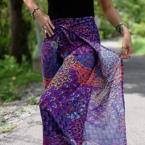 Boho Pants Wide Leg - Wrap Around, Purple Floral Petal Print - Hippie Flower Pants, Beach Pants, Festival Pants, Cute and Comfortable Pants