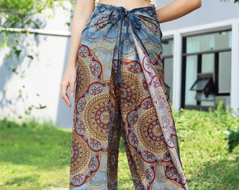 Boho Wickelhose - Mandala Print, Viskose Wickelhose, Süße und Bequeme Hose, Hippie Blumen Wickelhose, Strandhose, Festival Hose