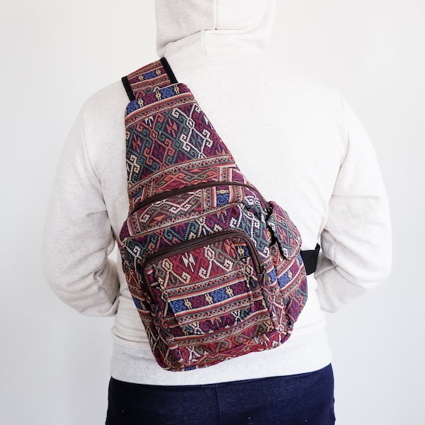 Festival Sling backpack, Ethnic Shoulder sling bag, Unisex Hippie Boho Bohemian Tribal backpack Purse, Crossbody daypack, Small backpack