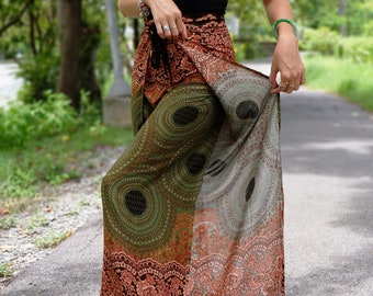 Olive Green Palazzo Pants: Flowy Boho Wrap Around Trousers