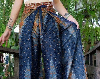 Boho Hose - Pfauenfedern Druck - Navy Blau, Open Flow Strandhose, Bequeme Wickelhose, Festival Hose, Hippie Hose, Hose mit offenen Beinen