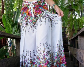 Boho Pants - Petite to Plus Sizes, Floral Print Comfy Wrap Pants, Yoga Pants, Festival Pants, Hippie Flower Pants, Open Legs Trousers