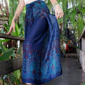 Boho Palazzo Pants Peacock Print Navy Blue, Open Legs Trousers, Flowy Beach Pants, Comfy Wrap Pants, Festival Pants, Hippie Dance Pants Navy Blue