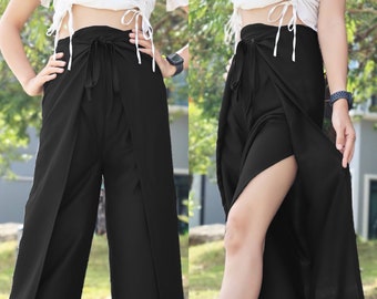 Pantaloni avvolgenti in tinta unita, pantaloni avvolgenti leggeri e fluidi, pantaloni palazzo in tessuto morbido, pantaloni Boho da donna - lacci anteriori e posteriori