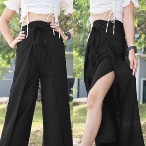 Einfarbige Wickelhose, leichte und fließende Wickelhose, Palazzohose aus weichem Stoff, Boho-Hose für Damen vorne und hinten gebunden Black