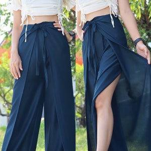 Solid Color Wrap Pants, Lightweight and Flowy Wrap Around Pants, Soft Fabric Palazzo Pants, Women's Boho Pants front and back ties Navy Blue