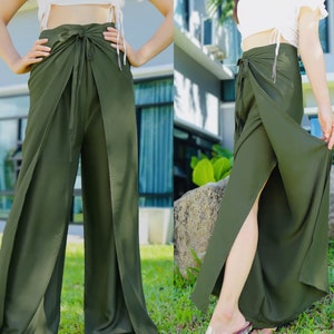 Einfarbige Wickelhose, leichte und fließende Wickelhose, Palazzohose aus weichem Stoff, Boho-Hose für Damen vorne und hinten gebunden Moss Green