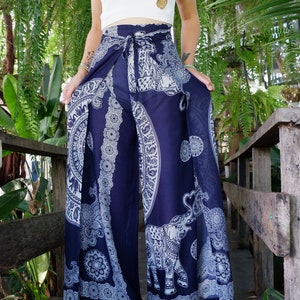 Flowy Palazzo Pants - Mandala Print, Boho Elephant Pants, Wrap Pants, Petite to Plus Sizes Comfy Pants, Open Legs Trousers, Navy Blue