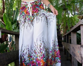 Boho Pants - Petite to Plus Sizes, Floral Print Comfy Wrap Pants, Yoga Pants, Festival Pants, Hippie Flower Pants, Open Legs Trousers