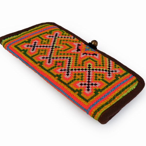 Native Wallet feature a Vintage Hmong embroidered fabric, Traditional Handmade Long bifold Wallet, Gypsy Hippie Boho Purse Wallet