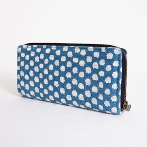 Polka dots Print Wallet for Women, Natural indigo Hand dyed Women Zippered Wallet Purse, Eco friendly Long wallet Cotton, YKK Metal Zip image 1