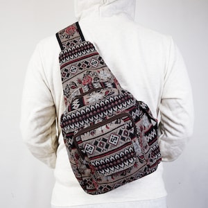 Women Sling bag - Floral Print, Boho Sling Backpack - Brown Tapestry, Tribal Aztec backpack Purse, Ethnic Crossbody daypack, Christmas Gift