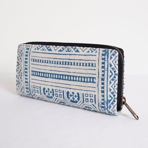 Monedero índigo natural - Nativo inspirado, teñido a mano mujer con cremallera Monedero, Cartera ecológica, Cartera larga vegana, Cremallera metálica YKK
