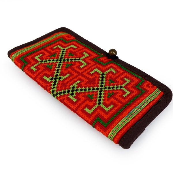 Native Wallet feature a Vintage Hmong embroidered fabric, Traditional Handmade Long bifold Wallet, Gypsy Hippie Boho Purse Wallet