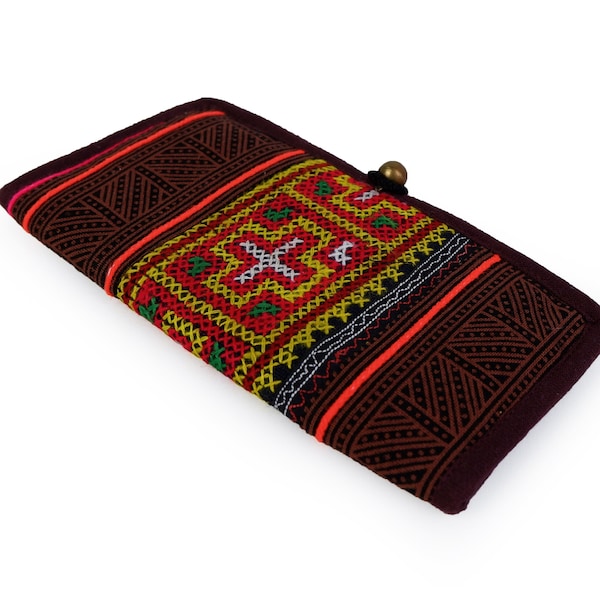 Native Wallet feature a Vintage Hmong embroidered fabric, Traditional Handmade Long bifold Wallet, Gypsy Hippie Boho Purse Wallet