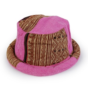 Womens Patchwork Hat - Hippie Style, Woven Tribal Fabric & Pink Canvas, Roll brim Pork Pie hat, Aztec hat, Hipster Boho hat, Large 23 1/8&quot;