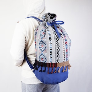 Unique Festival Purse Backpack, Cute Boho Beach Barrel Bag, Hippie Weekend backpack, Tribal Aztec Sport gym bag, Handmade duffle bag