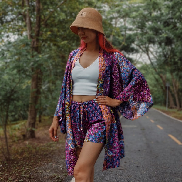 Plus size Oversized Kimono - Purple, Boho Floral Print Kimono with Matching Belt, Beach Cover-Up short Kimono Cardigan, Free-Spirited Vibe