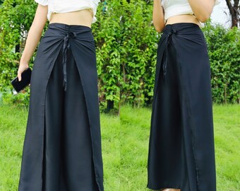 Solid Color Wrap Pants, Lightweight and Flowy Wrap Around Pants, Soft Fabric Palazzo Pants, Women's Boho Pants - front and back ties