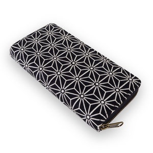 Cartera hecha a mano - Cartera con estampado japonés Asanoha artesanal, Monedero con cremallera, Cartera ecológica, Cartera larga vegana, Cremallera de metal YKK