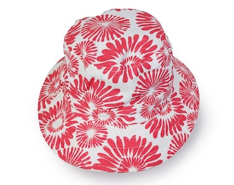 Sombrero de cubo de las mujeres, sombrero de sol - ala ancha, sombrero de patrón floral - rojo, sombrero del cubo del festival, sombrero de la fiesta de verano hippie, Boho,