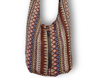 Sac hippie marron - motif aztèque du sud-ouest avec large sangle, sac à bandoulière tribal ethnique - Vegan, sac Hobo Sling, sac à main Boho Crossbody