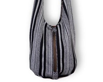 Sac à bandoulière Hippie fait à la main avec motif Tribal Chevron, sac à bandoulière - tissu tissé, sac Hobo - noir et blanc, sac à bandoulière en tissu