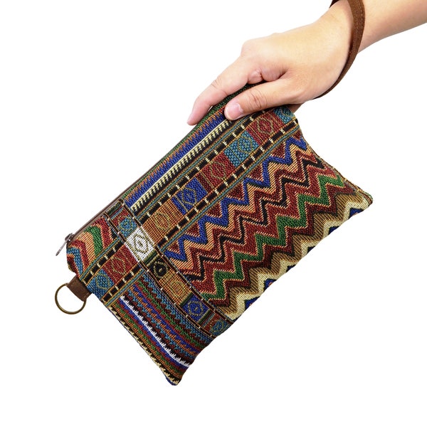 Cosmetic bag - Native American Print, Boho Makeup Bag - Navajo, Ethnic Tribal Wristlet cash, Ikat Clutch bag, Zipper Pencil Case, Fairtrade