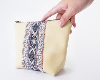 Sac de maquillage Aztec pour femmes, trousse de toilette en faux cuir avec tissu traditionnel au milieu, pochette d’accessoires mignons, sac cosmétique haut fermeture à glissière