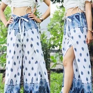 Pantalon portefeuille pour femme, pantalon hippie imprimé floral, pantalon fluide petites à grandes tailles, pantalon ouvert, pantalon de yoga, pantalon de plage bohème White Blue