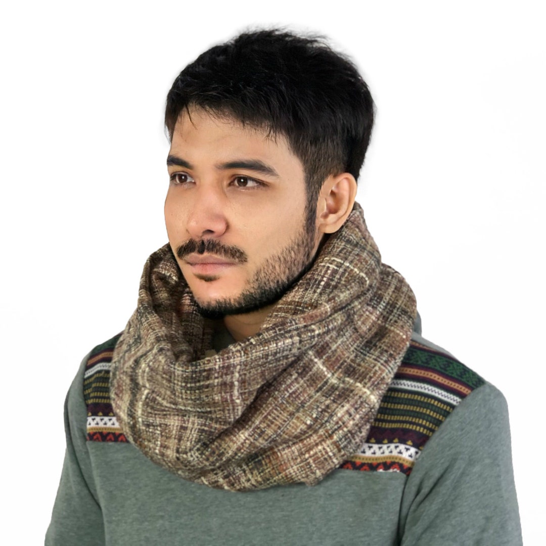 Foulard Infinity Femme - Tissé Treillis Marron Vert Franges - Automne Cercle Rond Gena Accessories