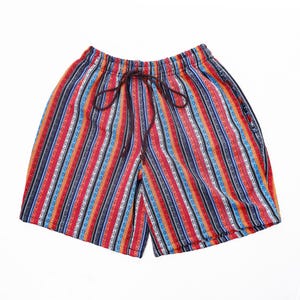 Multi-Colored Vibrant Striped Men&#39;s Hippie Shorts in Woven Fabric | Ethnic Pattern with Pockets and Elastic Waist | Sizes S-2XL