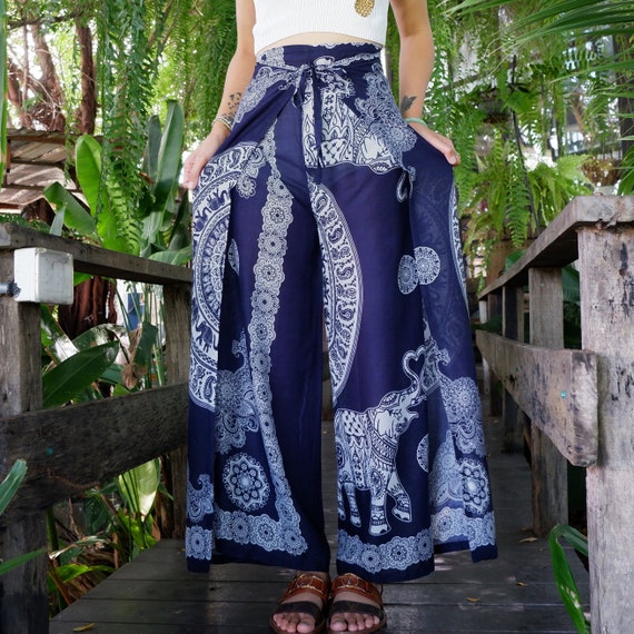 Flowy Palazzo Pants Mandala Print, Boho Elephant Pants, Wrap Pants, Petite  to Plus Sizes Comfy Pants, Open Legs Trousers, Navy Blue -  Canada