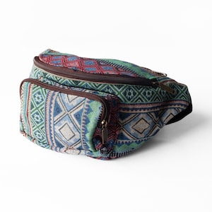 Earthy Blue and Green Geometric Fanny Pack, Tribal Woven Crossbody Bag