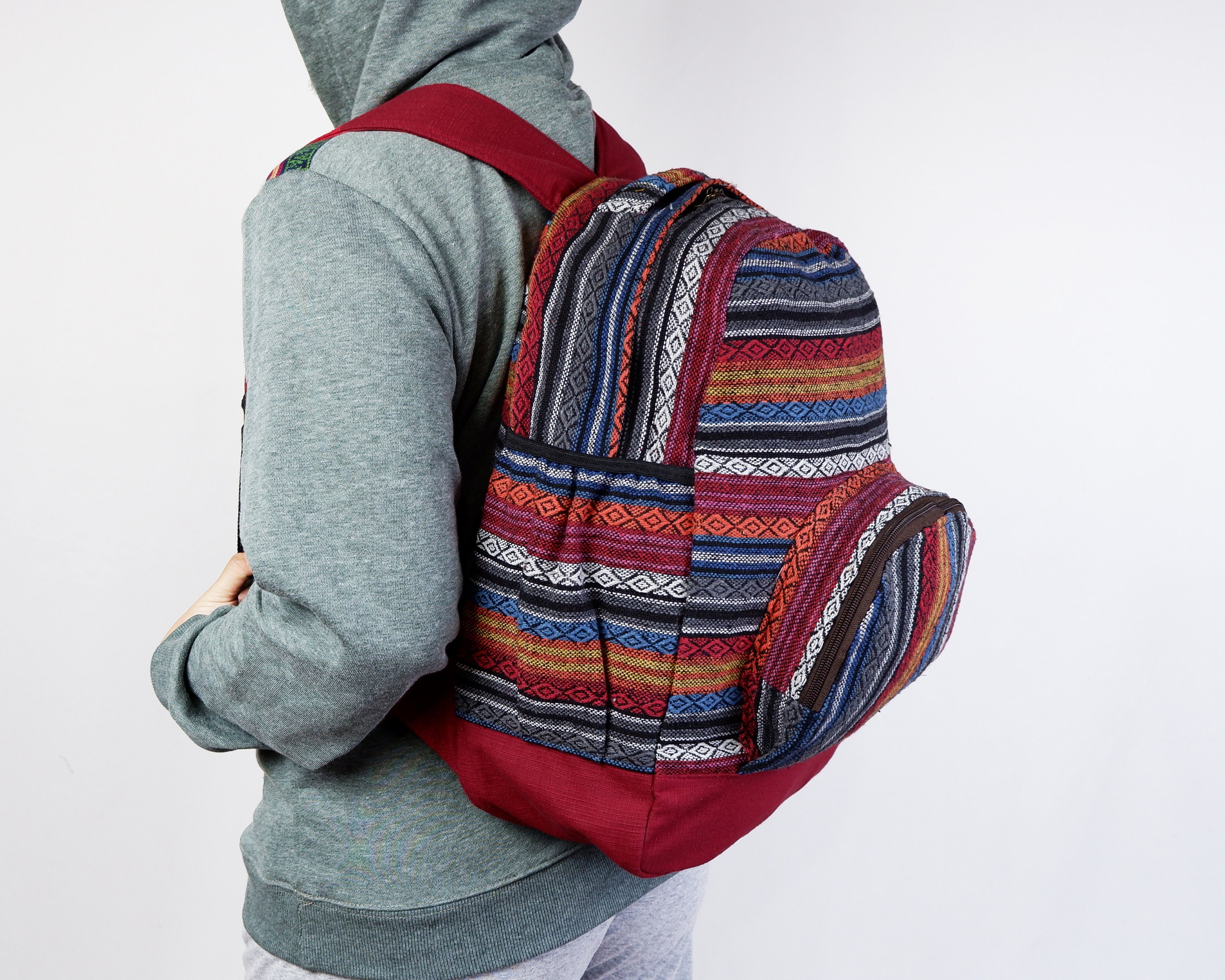 Handmade Woven Backpack Leather Trim Boho Tribal Stripe Ethnic Rucksack Nice! Handmade Tribal Backpack: Ethnic Woven Rucksack With Leather  main image 2