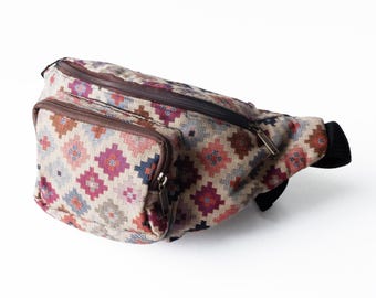 Muted Tile Pattern Bum Bag, Terracotta and Blue Waist Pack, Boho Sling