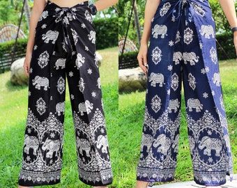 Handmade Bohemian Elephant Print Wrap Pants for Women - Perfect for Beach, Festival, or Casual Wear, Made from Sustainable Materials