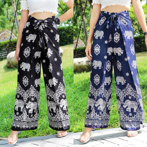 Handmade Bohemian Elephant Print Wrap Pants for Women - Perfect for Beach, Festival, or Casual Wear, Made from Sustainable Materials