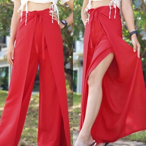 Solid Color Wrap Pants, Lightweight and Flowy Wrap Around Pants, Soft Fabric Palazzo Pants, Women's Boho Pants front and back ties Red