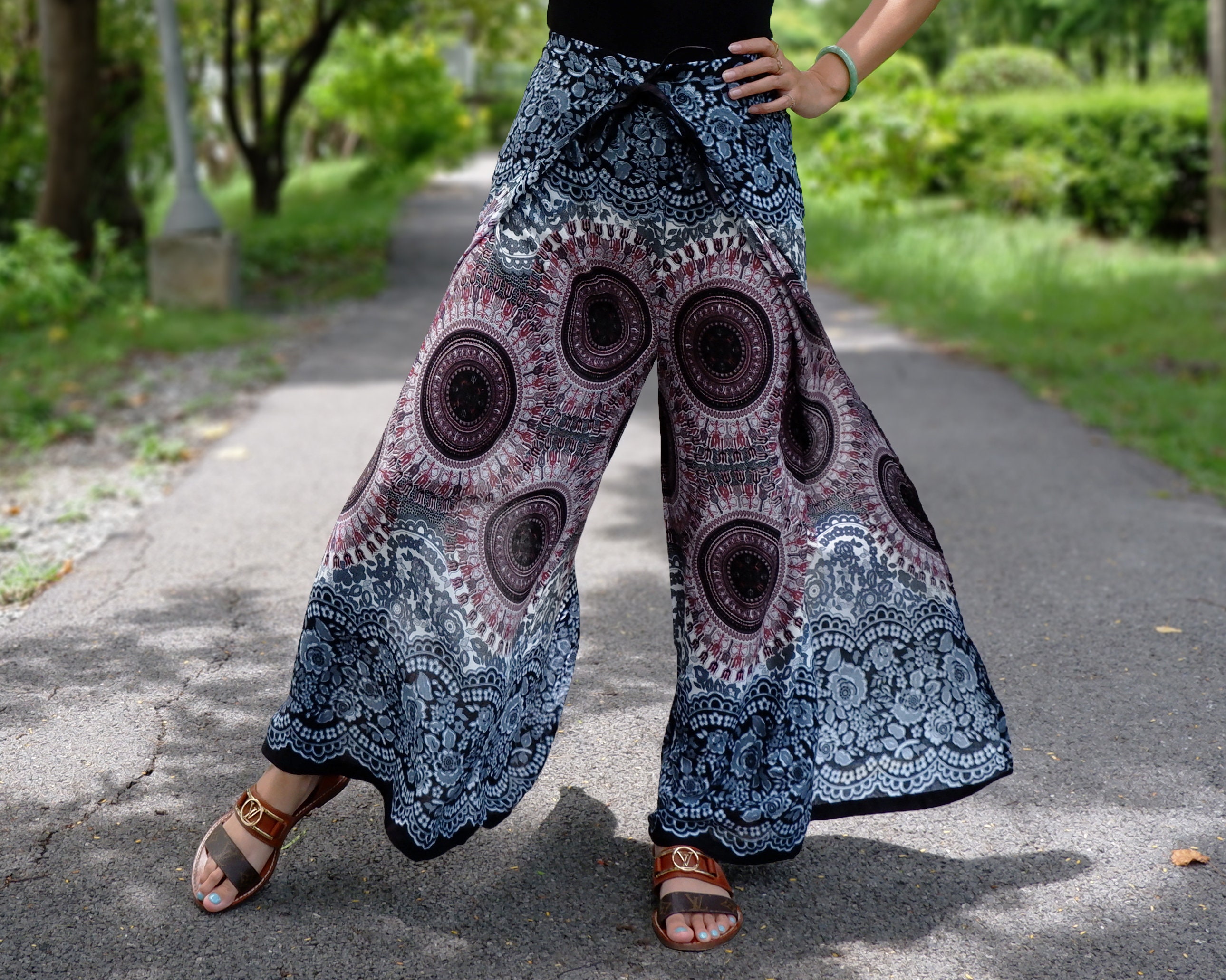 Boho Mandala Wrap Pants: Rayon Cotton, Purple Print, Open Boho Mandala Wrap Pants: Rayon Cotton, Purple Print, Open