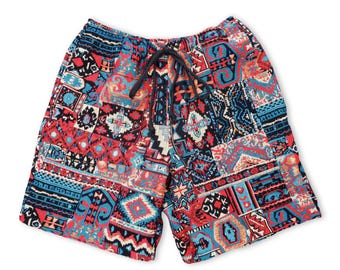 Patchwork Print Men's Hippie Shorts, Elastic & Drawstring - Sizes S to 2XL
