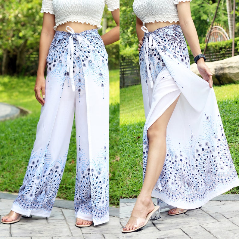 Boho Palazzo Pants Peacock Print Navy Blue, Open Legs Trousers, Flowy Beach Pants, Comfy Wrap Pants, Festival Pants, Hippie Dance Pants image 8