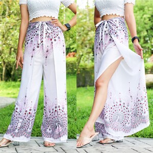 Boho Palazzo Pants Peacock Print Navy Blue, Open Legs Trousers, Flowy Beach Pants, Comfy Wrap Pants, Festival Pants, Hippie Dance Pants White - Pink