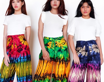 Vivid Tie-Dye Palazzo Pants: Flowy Wrap-Around Rayon Trousers